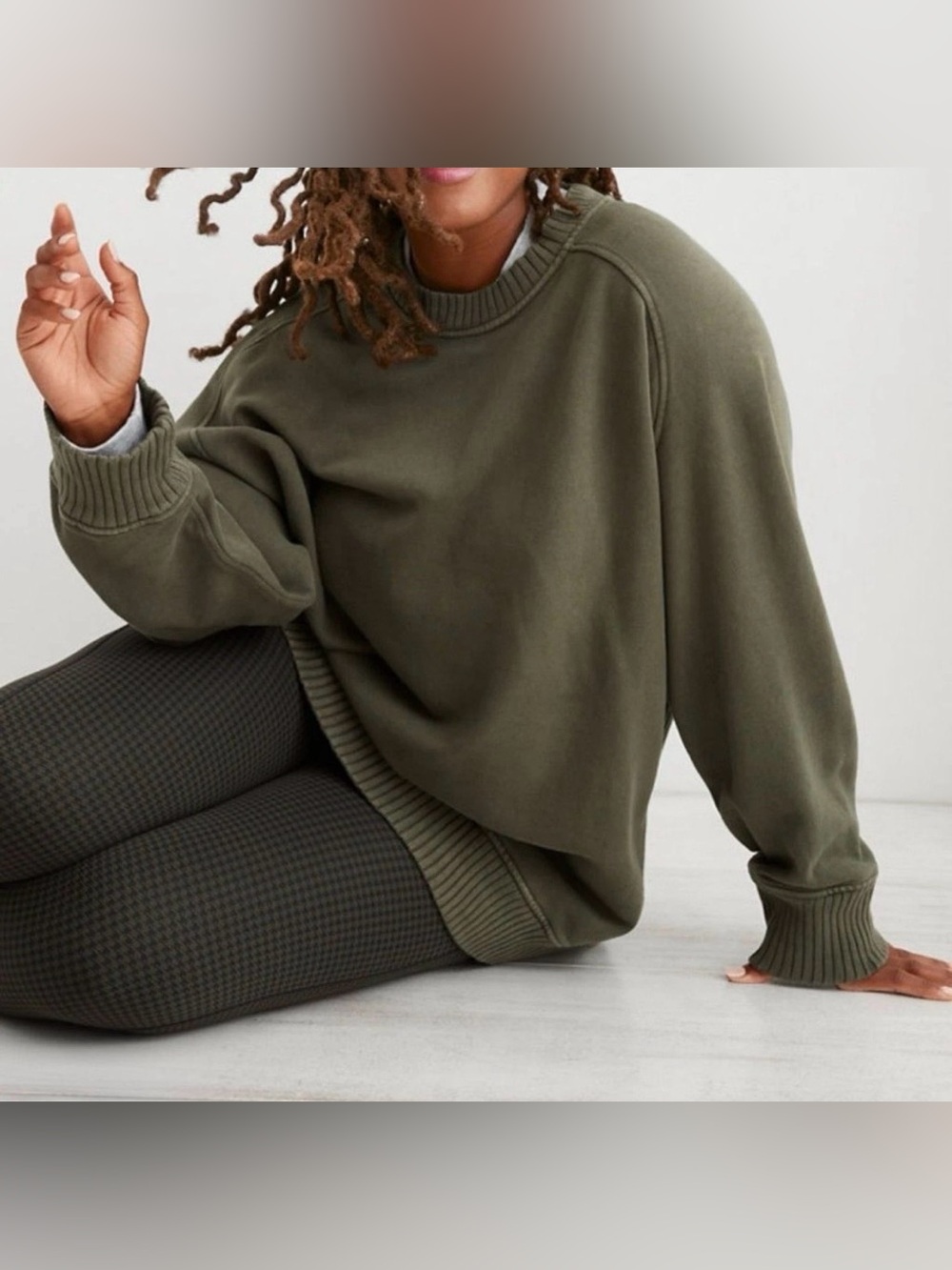 aerie Olive Green Oversized Crewneck Sweatshirt